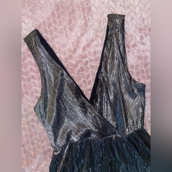 Y2K Metallic Dress Plunge Neck Black Silver Dress S party dress - Picture 3 of 11